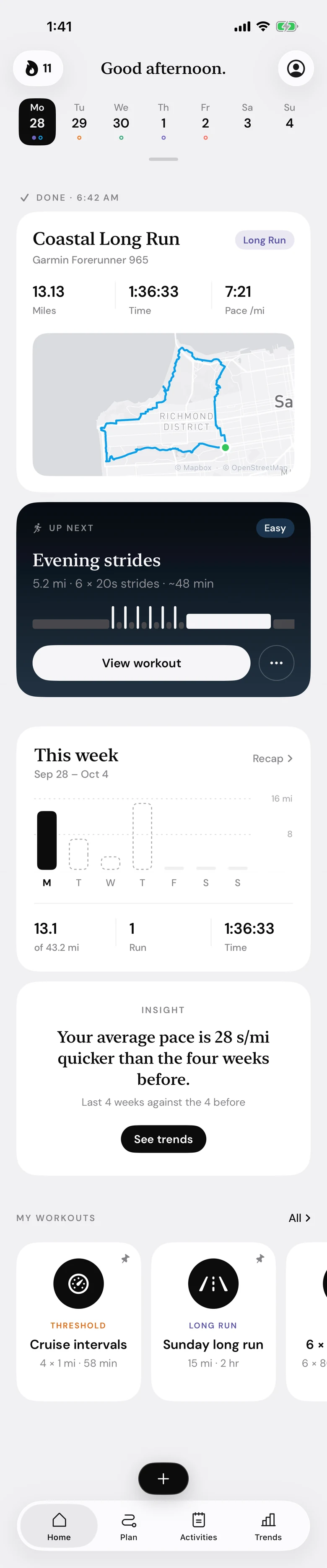 The Strides Home screen from top to bottom: this morning’s Coastal Long Run with its route, tonight’s strides session, this week’s chart, an insight about pace, and saved workouts.