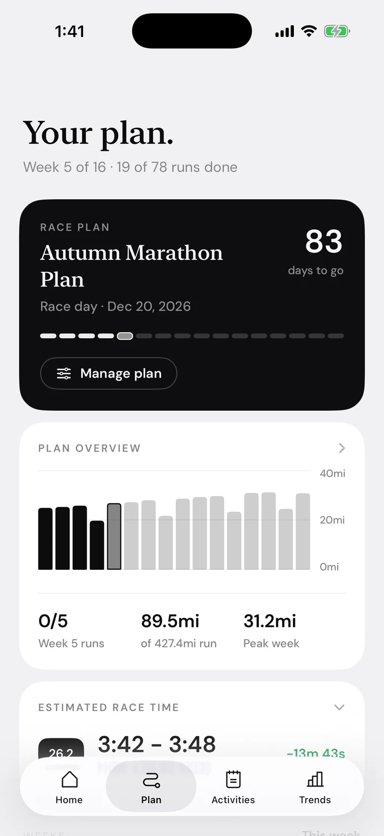 Strides Plan: an Autumn Marathon plan, week 5 of 16 and 83 days to go, with the plan overview chart.